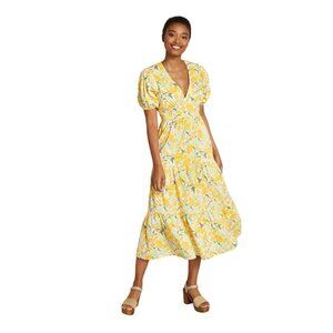 Bright & Beautiful Yellow Poppy Floral Print V-Neck Dress Puff Sleeve Retro 4/XS